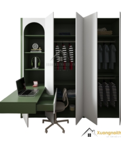Tủ quần áo 4 cánh kết hợp bàn học màu trắng xanh hiện đại, mã 216ZN, thiết kế tiện lợi cho phòng ngủ trẻ em.