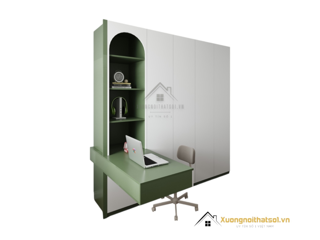 Tủ quần áo 4 cửa mở kết hợp bàn học màu trắng gỗ 216ZN hiện đại, tiện lợi cho phòng ngủ trẻ em hoặc học sinh.
