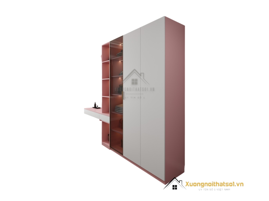 Tủ quần áo cửa mở kết hợp bàn phấn có đèn LED hiện đại, thiết kế sang trọng phù hợp không gian phòng ngủ tại Hà Nội