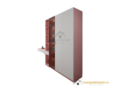 Tủ quần áo cửa mở kết hợp bàn phấn có đèn LED hiện đại, thiết kế sang trọng phù hợp không gian phòng ngủ tại Hà Nội